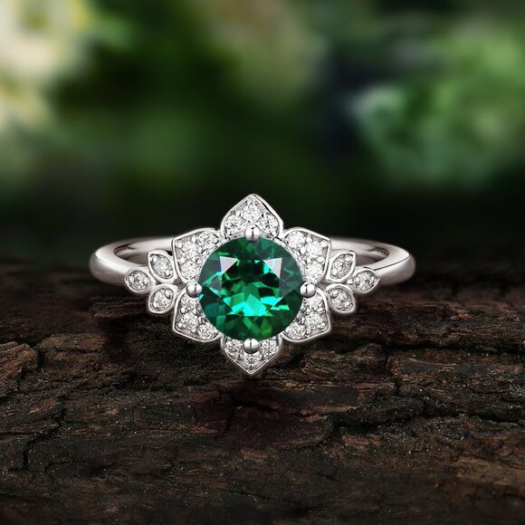 Vintage Style Floral ring - Emerald Green, Art Deco Flower Ring May Birthstone - Picture 3 of 4